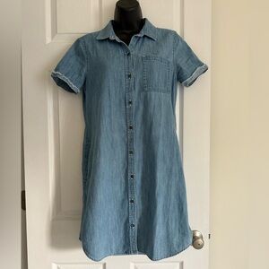 True Craft Womens Small Blue Denim Tunic Dress Short Sleeves Frayed Hem Pockets